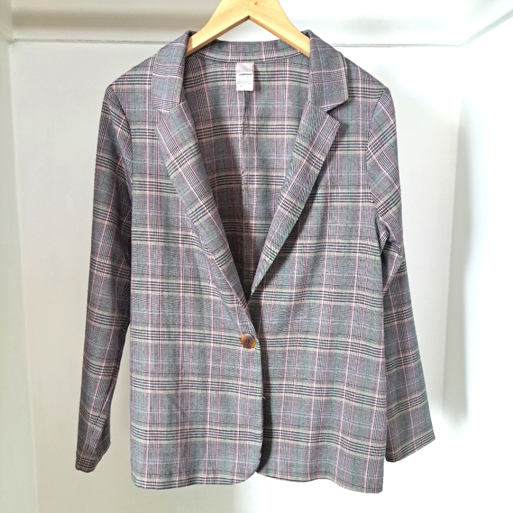 twik Gray Plaid Single-Button Blazer